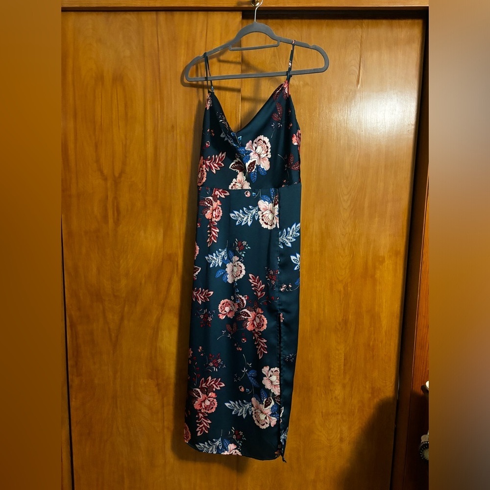 Teal Floral Satin Dress